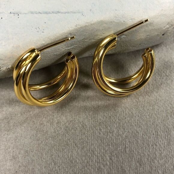 ✨NEW Triple Band Gold/925 Sterling Silver Hoop Earrings - Picture 1 of 8